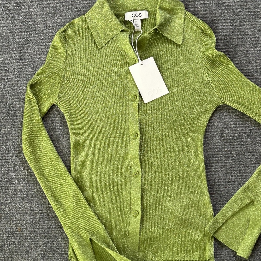 COS Sweater Cardigan Womens XS Green Metallic Ribbed Collared Button Front NWT